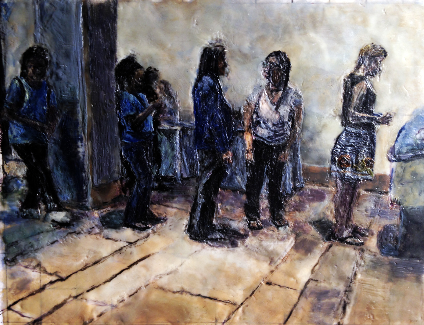 Line For Icecream- encaustic on paper