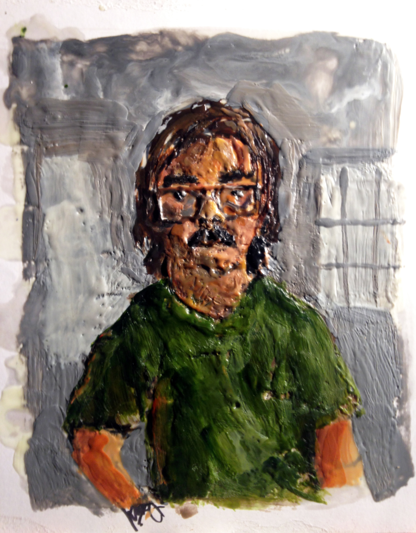 Self Portrait with Green Shirt- encaustic on paper