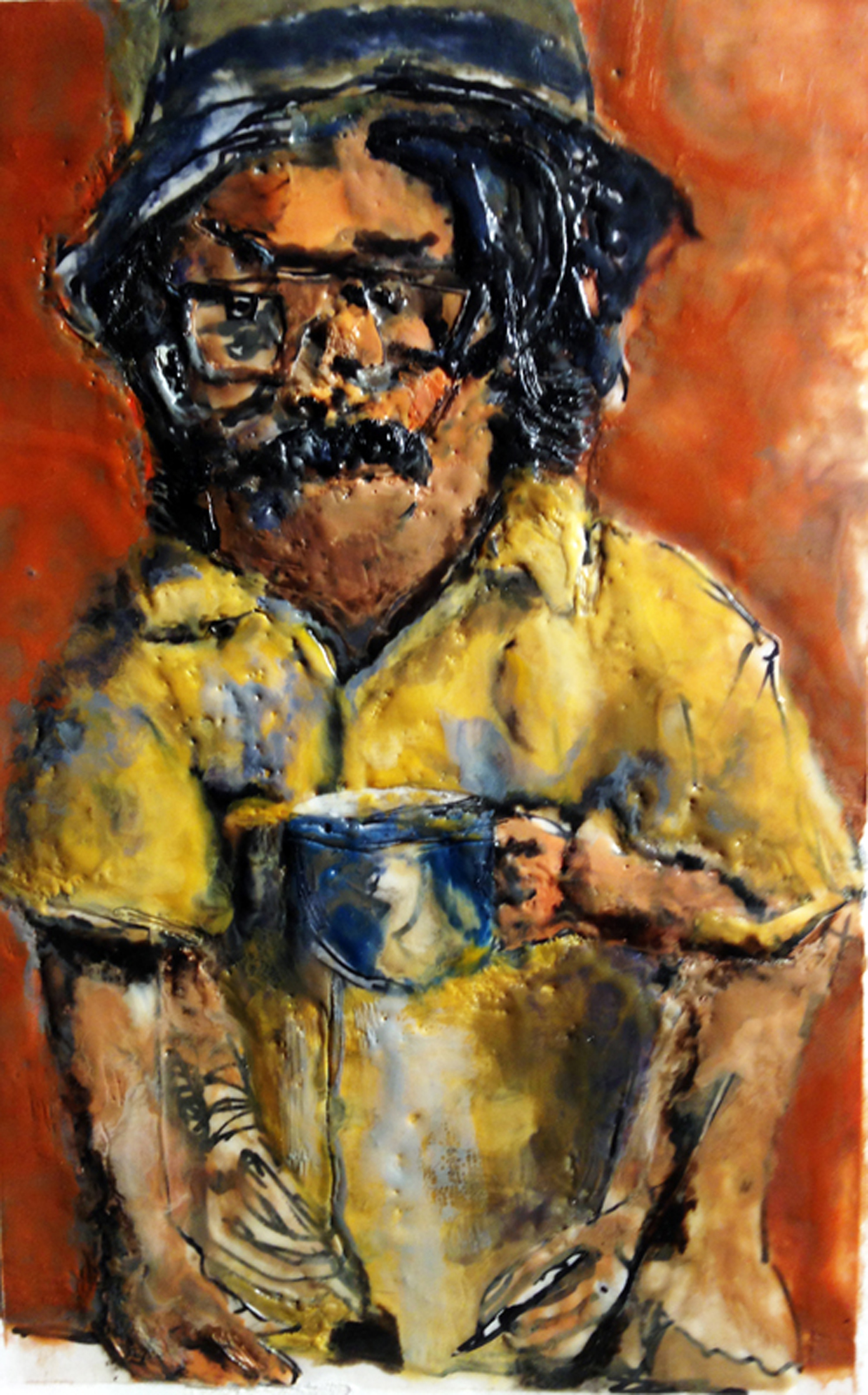 Self Portrait with Coffee Cup- encaustic on paper