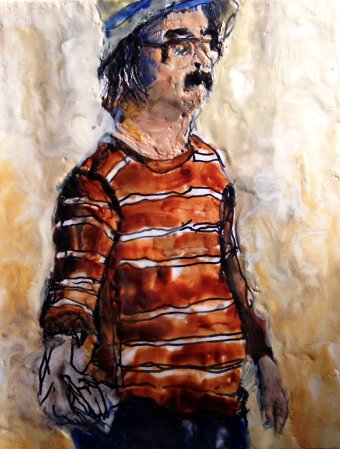 Self Portrait with Striped Sweater- encaustic on paper